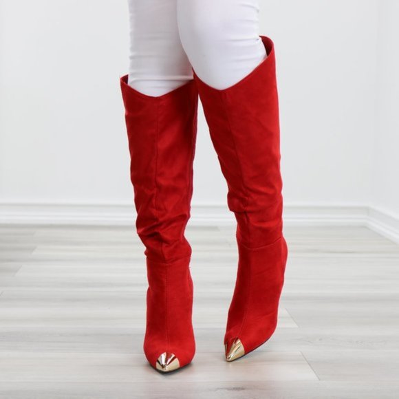 Fancy Pointy Toe Below The Knee Red Boots Suede - Picture 4 of 14
